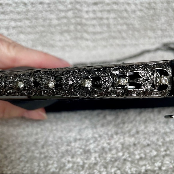 Jessica McClintock Black Satin Rhinestone Clasp Floral Metalwork Chain Purse Bag - Picture 4 of 16